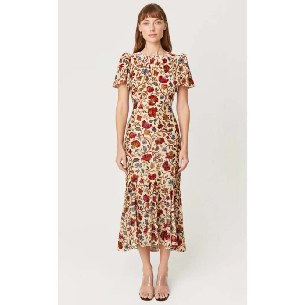RHODE Arabella Midi Dress Cream Vichy Rose Floral Short Sleeve Velvet Size 6